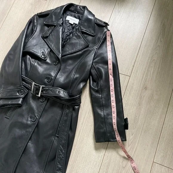 Calvin Klein Genuine Leather Trench Coat Women Small Black Classic Elegant Retro - Picture 12 of 15